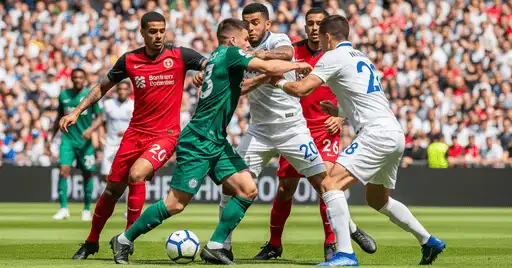 A tense moment in a soccer match showing how long a football game can feel, with players from two teams vying for control of the ball on a sunny field.